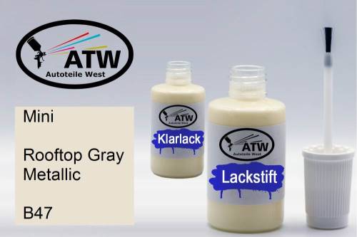 Mini, Rooftop Gray Metallic, B47: 20ml Lackstift + 20ml Klarlack - Set, von ATW Autoteile West.